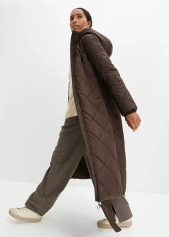 bonprix bonprix Abrigo acolchado y guateado, largo y con capucha Marrón oscuro Sale