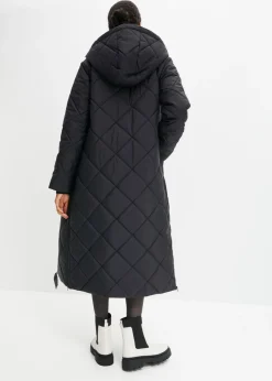 bonprix bonprix Abrigo acolchado y guateado, largo y con capucha Negro Clearance