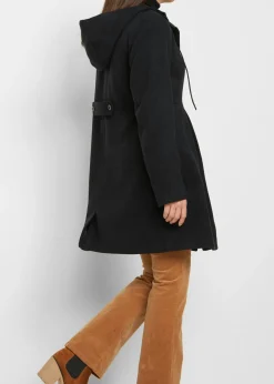 bonprix bonprix Abrigo con capucha y pinzas Negro Discount