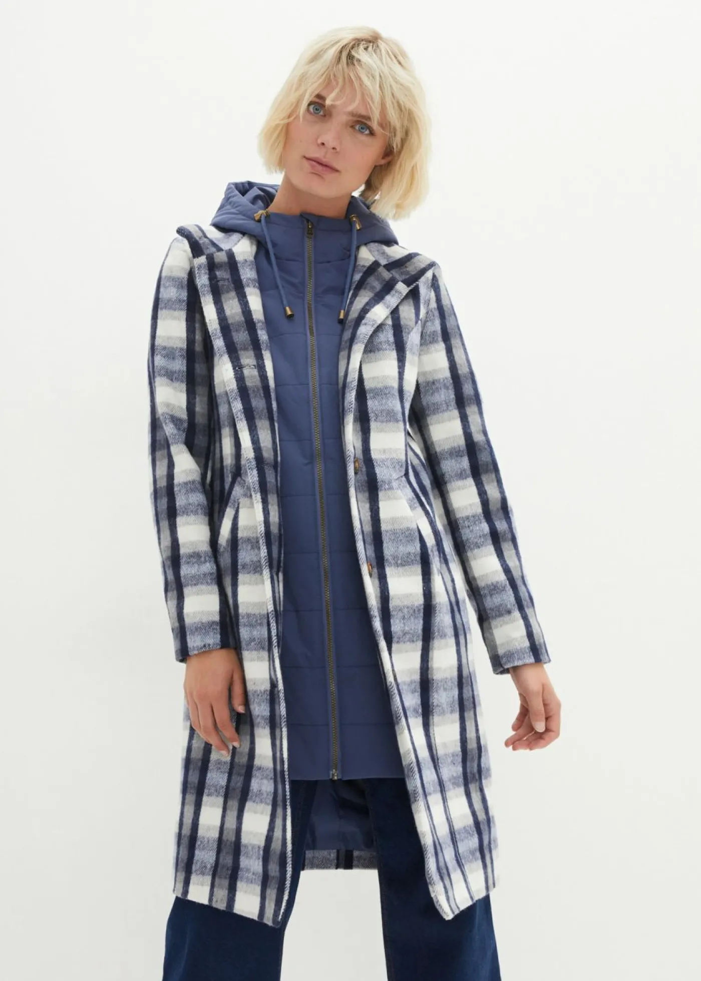 bonprix bonprix Abrigo corto de invierno con lana dos en uno Índigo-gris de cuadros Outlet