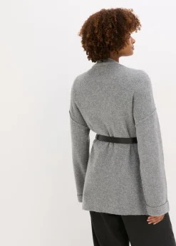 bonprix bonprix Abrigo corto de punto con cinturón Gris jaspeado Discount