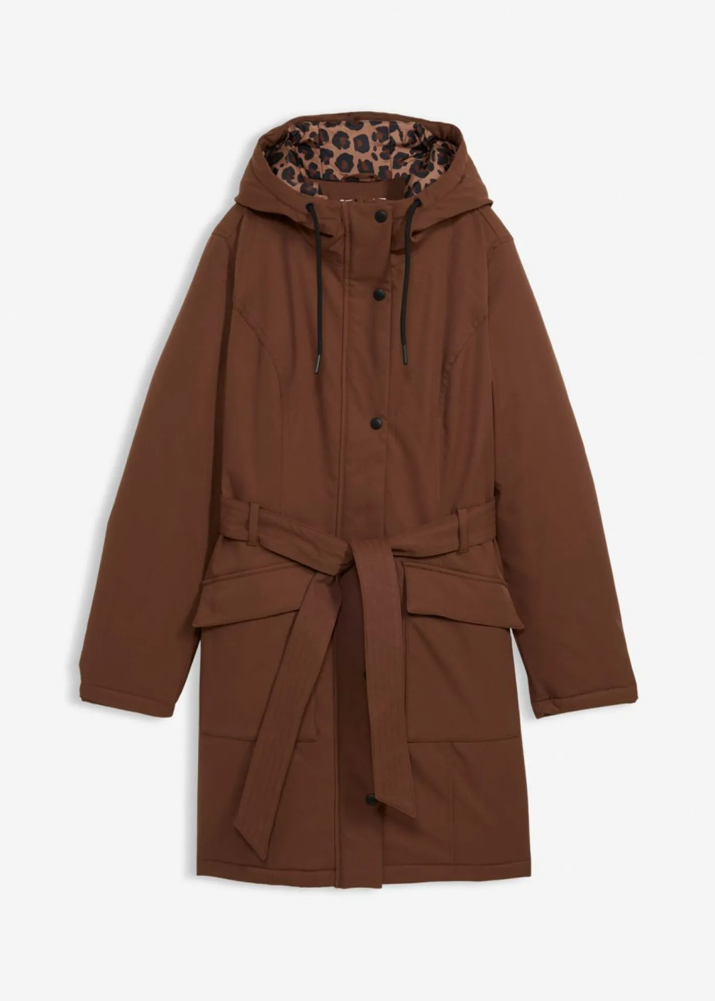 bonprix bonprix Abrigo corto para exteriores con cinturón, material impermeable y forro de leopardo marrón