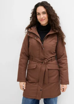 bonprix bonprix Abrigo corto para exteriores con cinturón, material impermeable y forro de leopardo marrón
