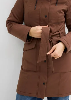 bonprix bonprix Abrigo corto para exteriores con cinturón, material impermeable y forro de leopardo marrón