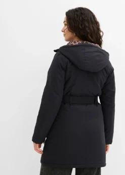 bonprix bonprix Abrigo corto para exteriores con cinturón, material impermeable y forro de leopardo Negro Outlet