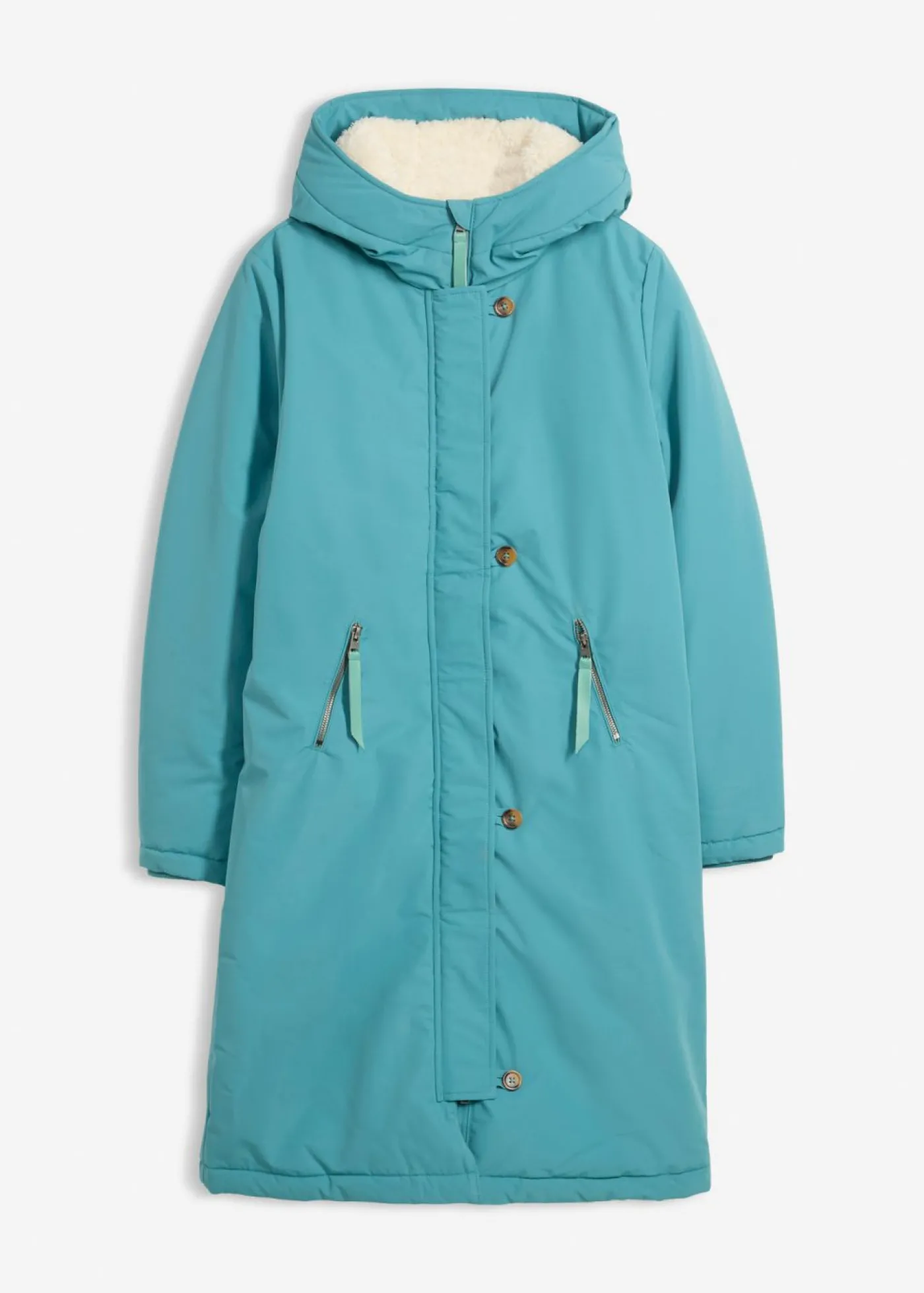 bonprix bonprix Abrigo de invierno con forro de peluche en la capucha Verde azulado New
