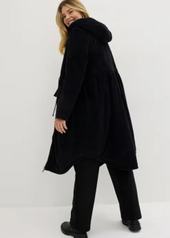 bonprix bonprix Abrigo de pana de algodón puro con capucha de pelo Negro Clearance