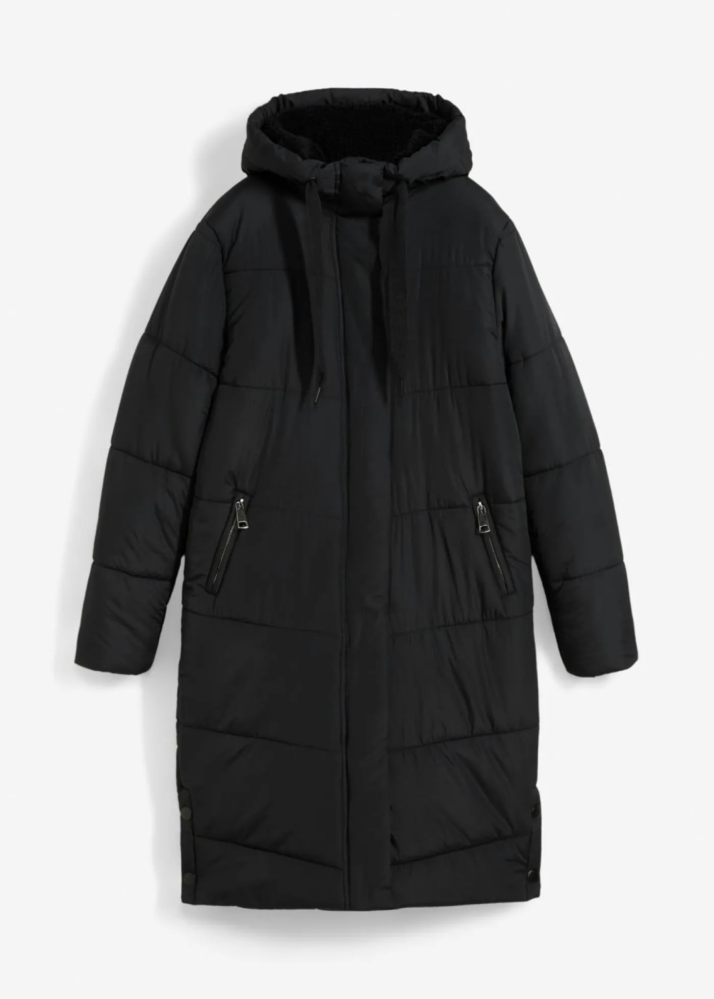 bonprix bonprix Abrigo guateado con forro polar en la capucha Negro New