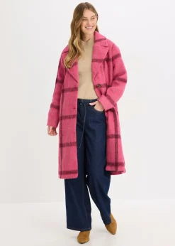 bonprix bonprix Abrigo holgado con aspecto de lana rosa caliente-burdeos a cuadros Sale