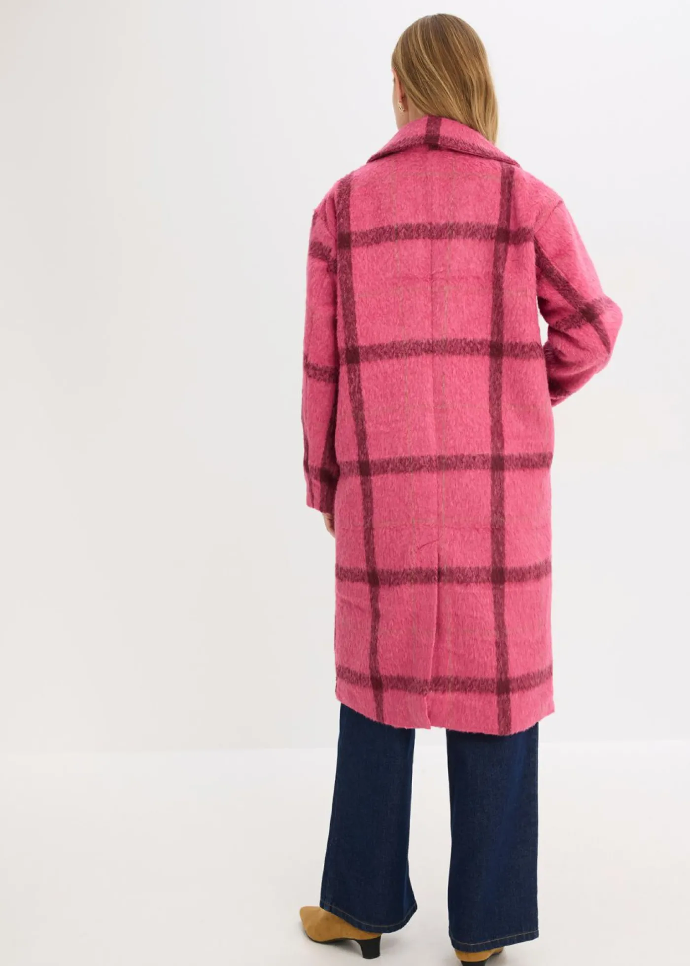 bonprix bonprix Abrigo holgado con aspecto de lana rosa caliente-burdeos a cuadros Sale