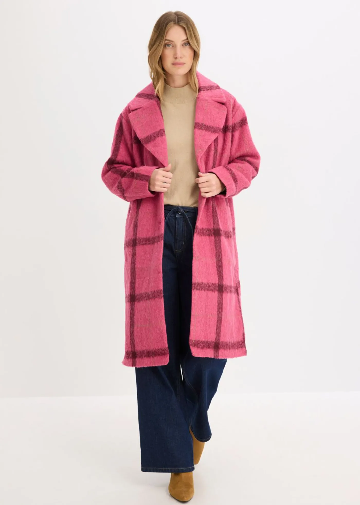 bonprix bonprix Abrigo holgado con aspecto de lana rosa caliente-burdeos a cuadros Sale