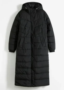 bonprix bonprix Abrigo largo guateado con capucha Negro Discount