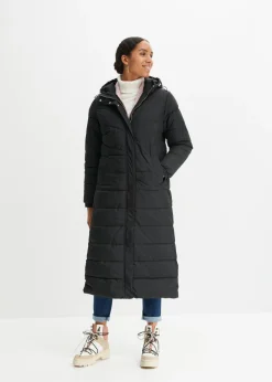 bonprix bonprix Abrigo largo guateado con capucha Negro Discount