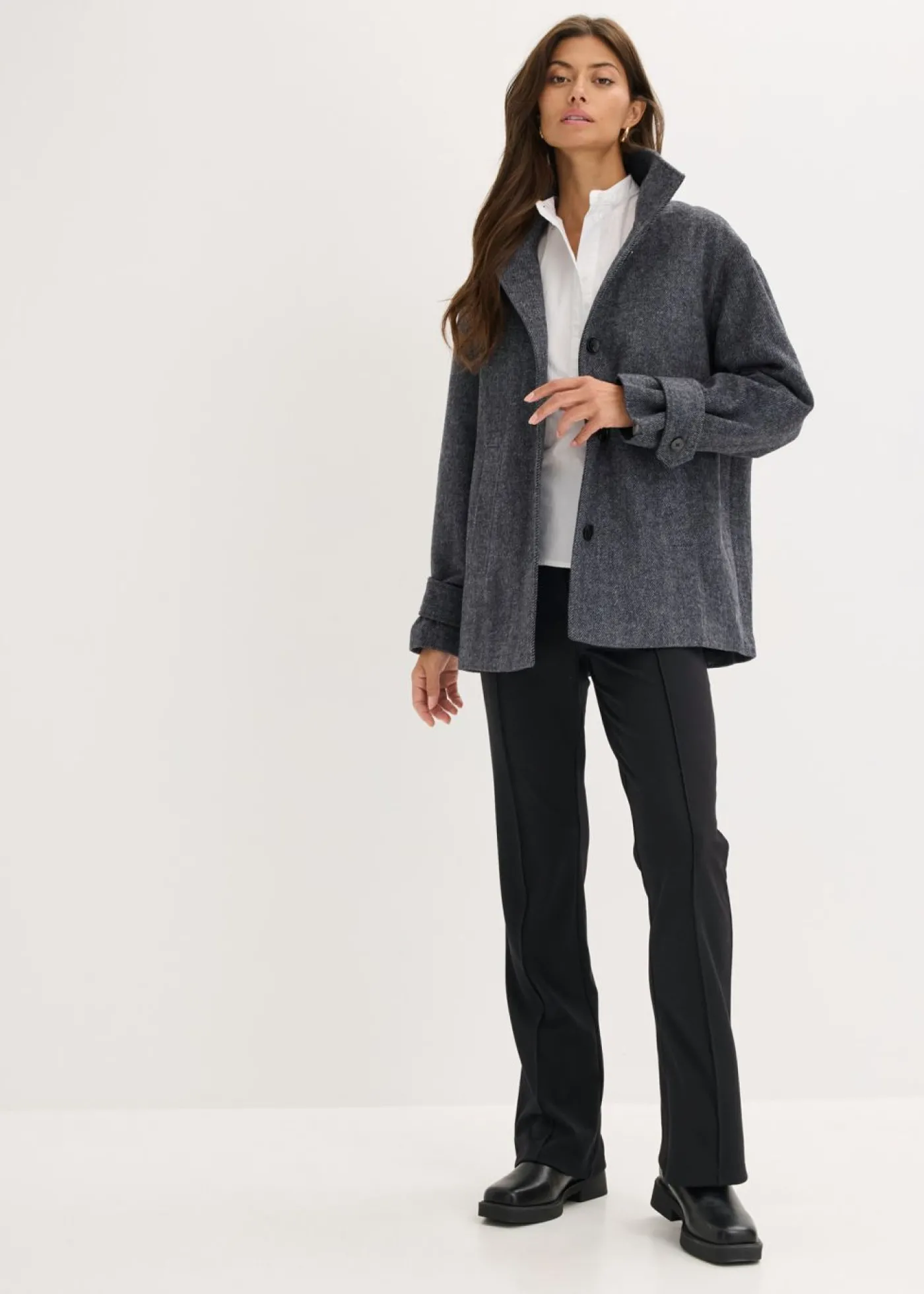 bonprix bonprix Abrigo marinero largo con aspecto de lana pizarra moteado Sale