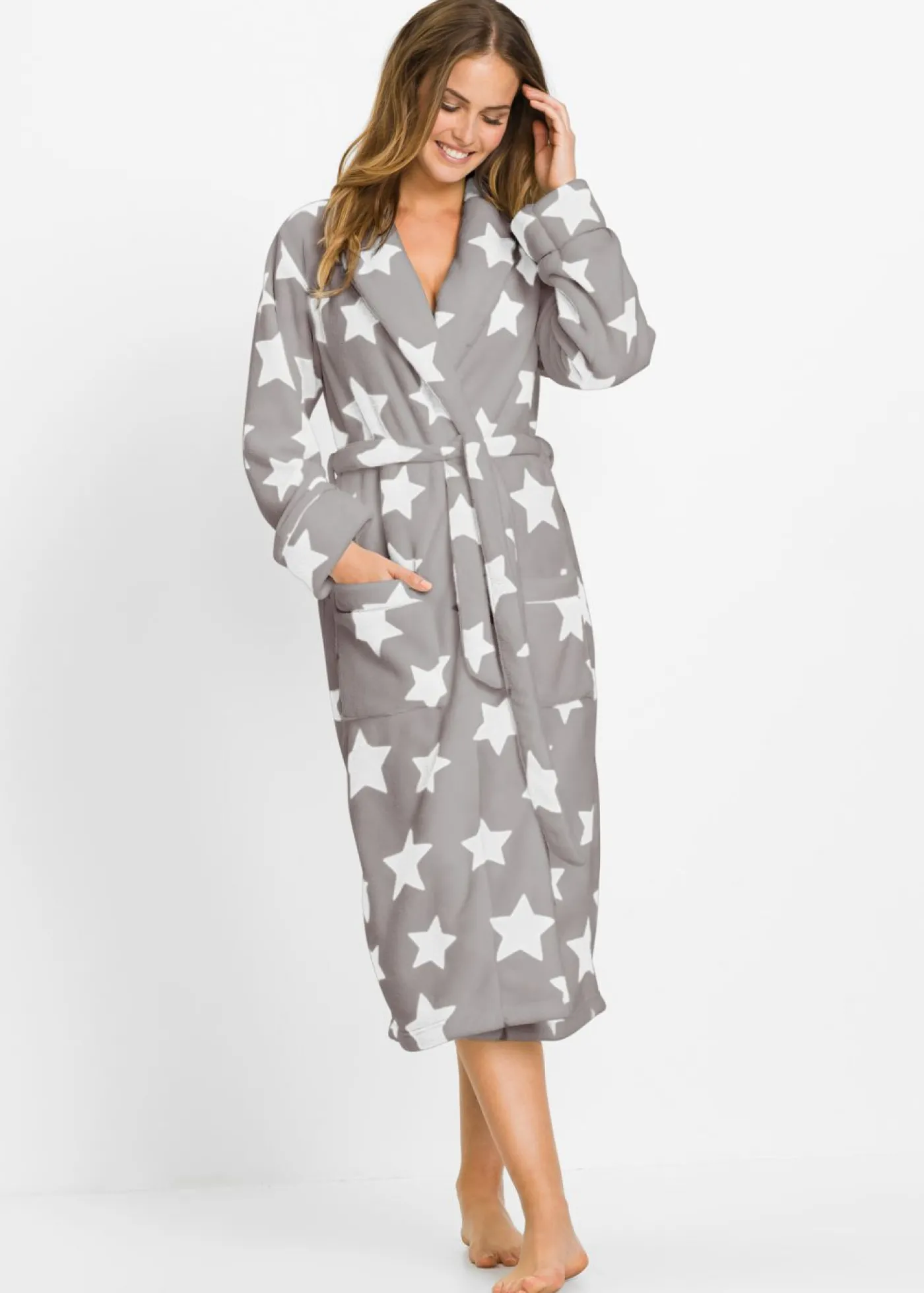 bonprix bonprix Albornoz de felpa gris-blanco lana, con estampado Clearance