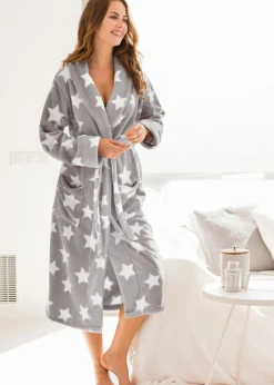 bonprix bonprix Albornoz de felpa gris-blanco lana, con estampado Clearance