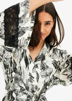 bonprix bonprix Albornoz tipo kimono de mezcla de viscosa suave beige natural-negro con flores Hot