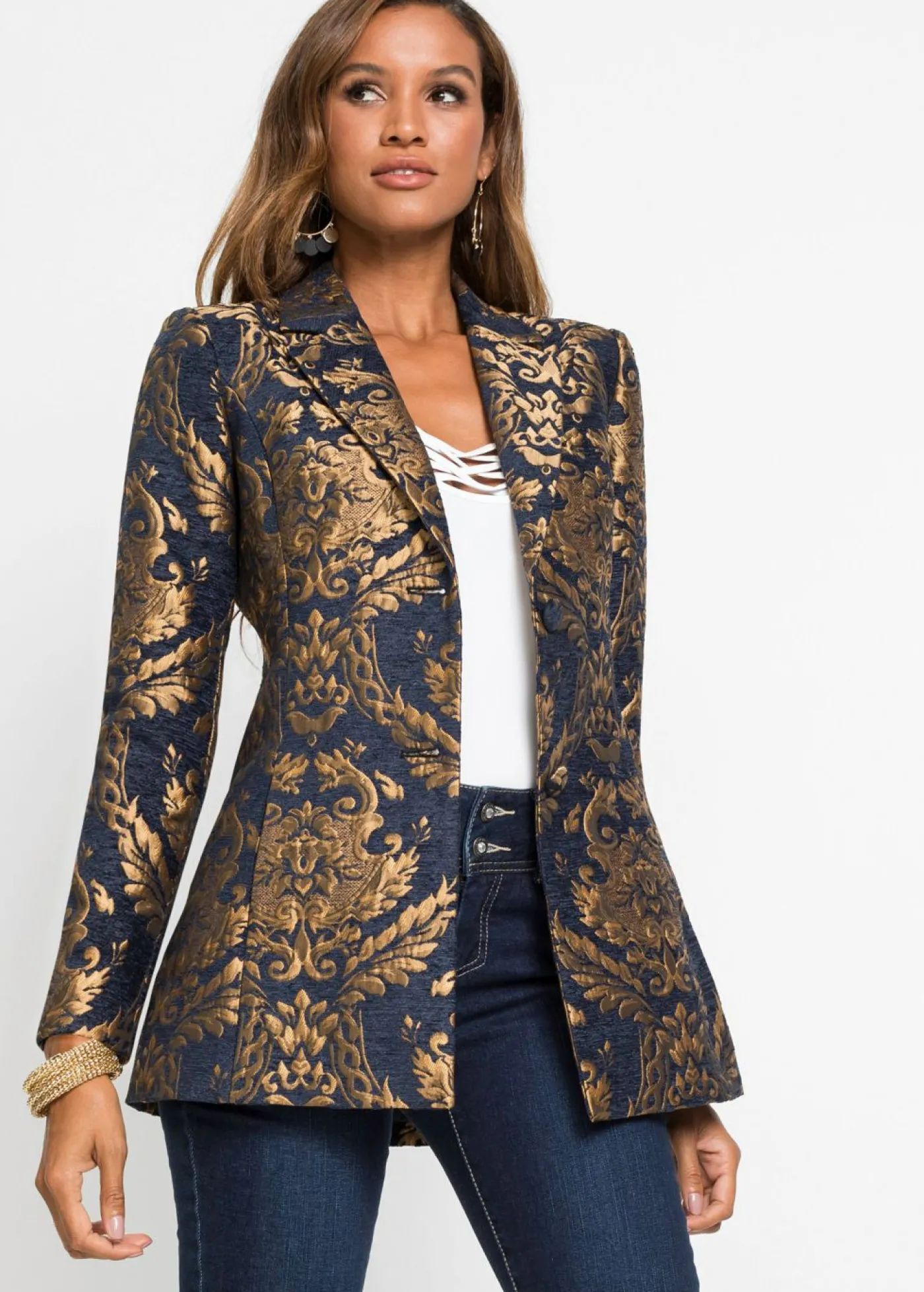 bonprix bonprix Americana de jacquard brillante Azul marino/dorado con estampado gráfico Online
