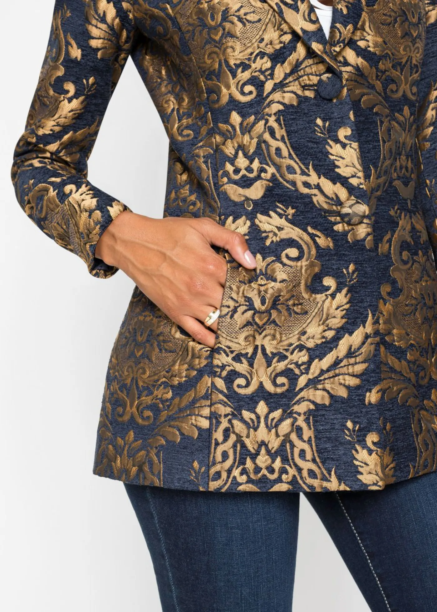 bonprix bonprix Americana de jacquard brillante Azul marino/dorado con estampado gráfico Online