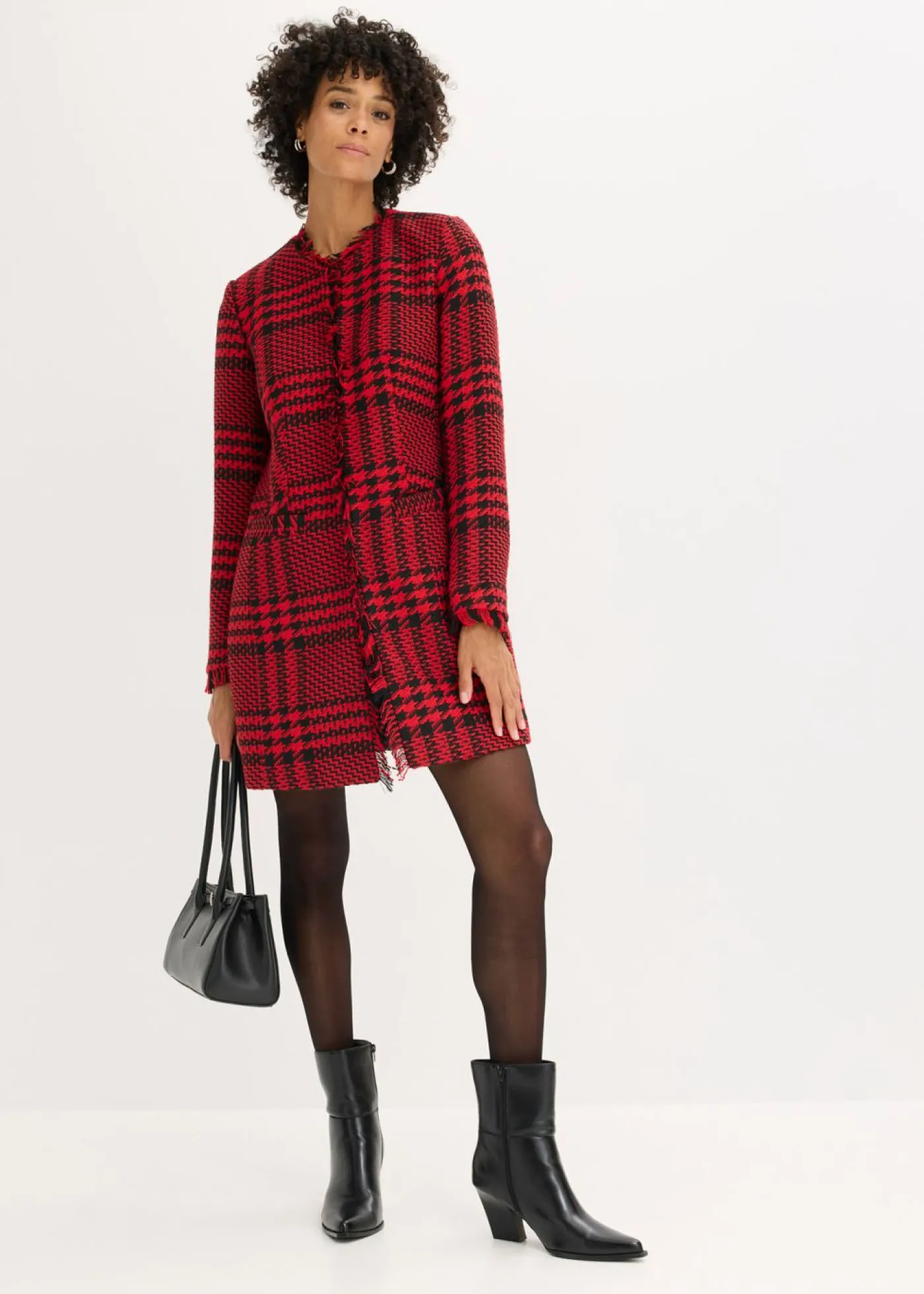 bonprix bonprix Americana larga de bouclé rojo intenso-negro a cuadros Hot