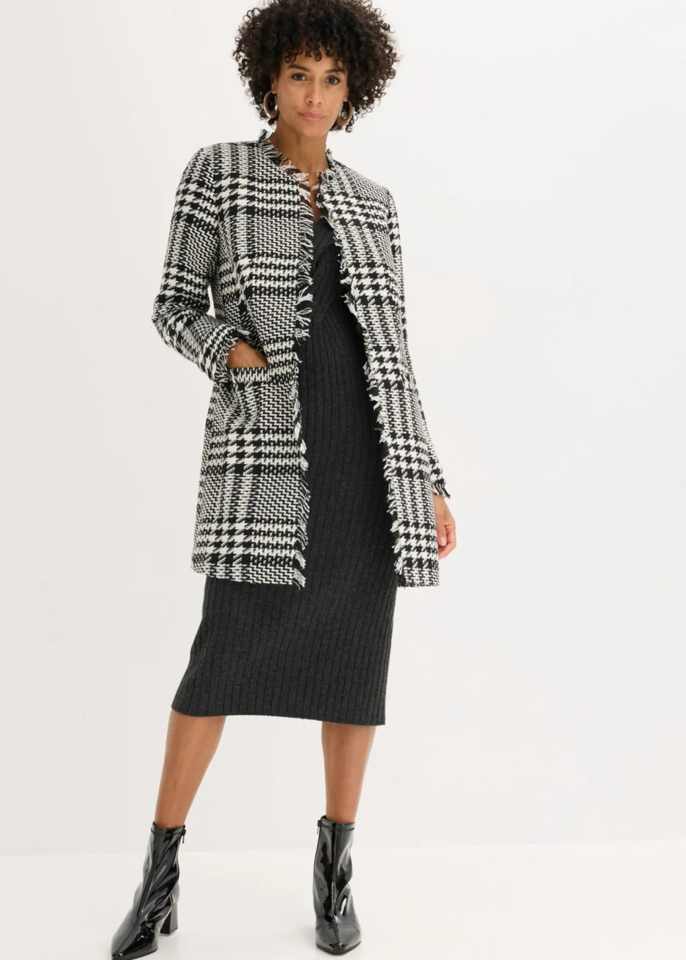 bonprix bonprix Americana larga de bouclé Negro-blanco lana a cuadros Clearance