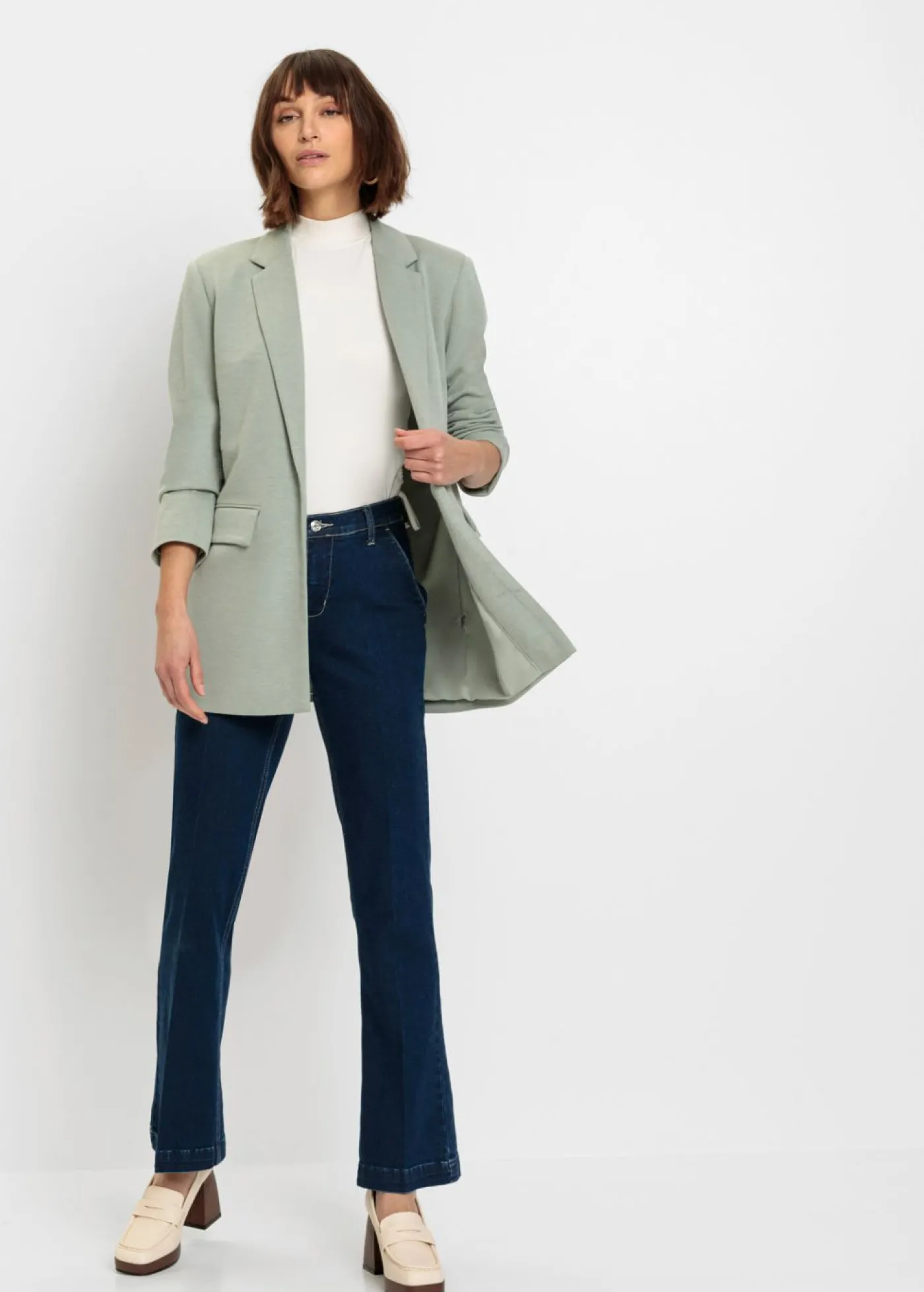 bonprix bonprix Americana larga de punto con bolsillos Verde ahumado jaspeado Clearance