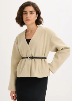 bonprix bonprix Americana oversized con cinturón en efecto lana, sin forro Verde aceite Discount