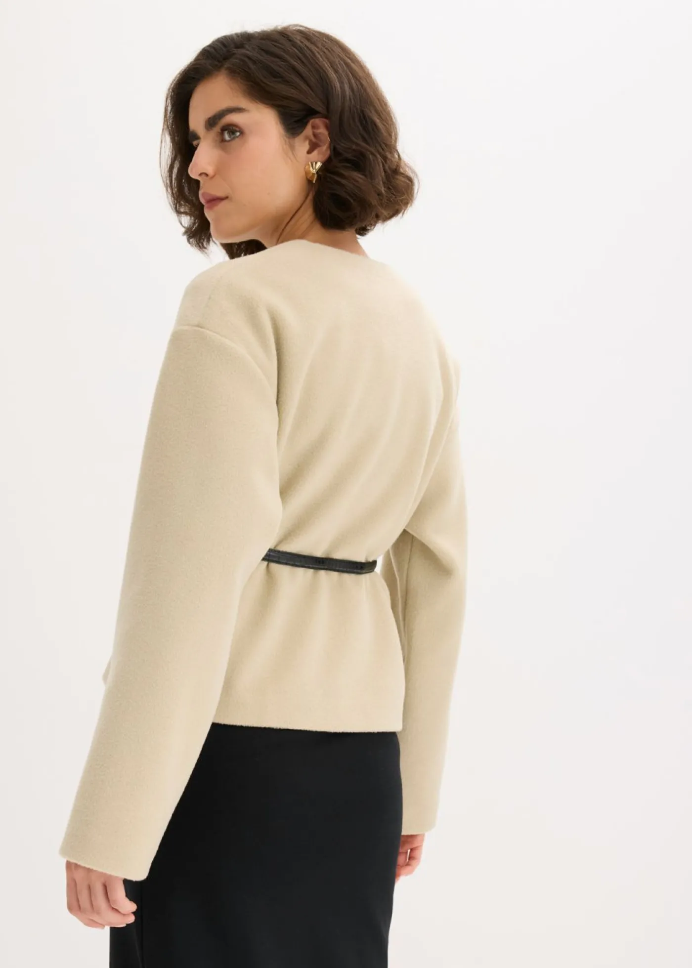 bonprix bonprix Americana oversized con cinturón en efecto lana, sin forro Verde aceite Discount