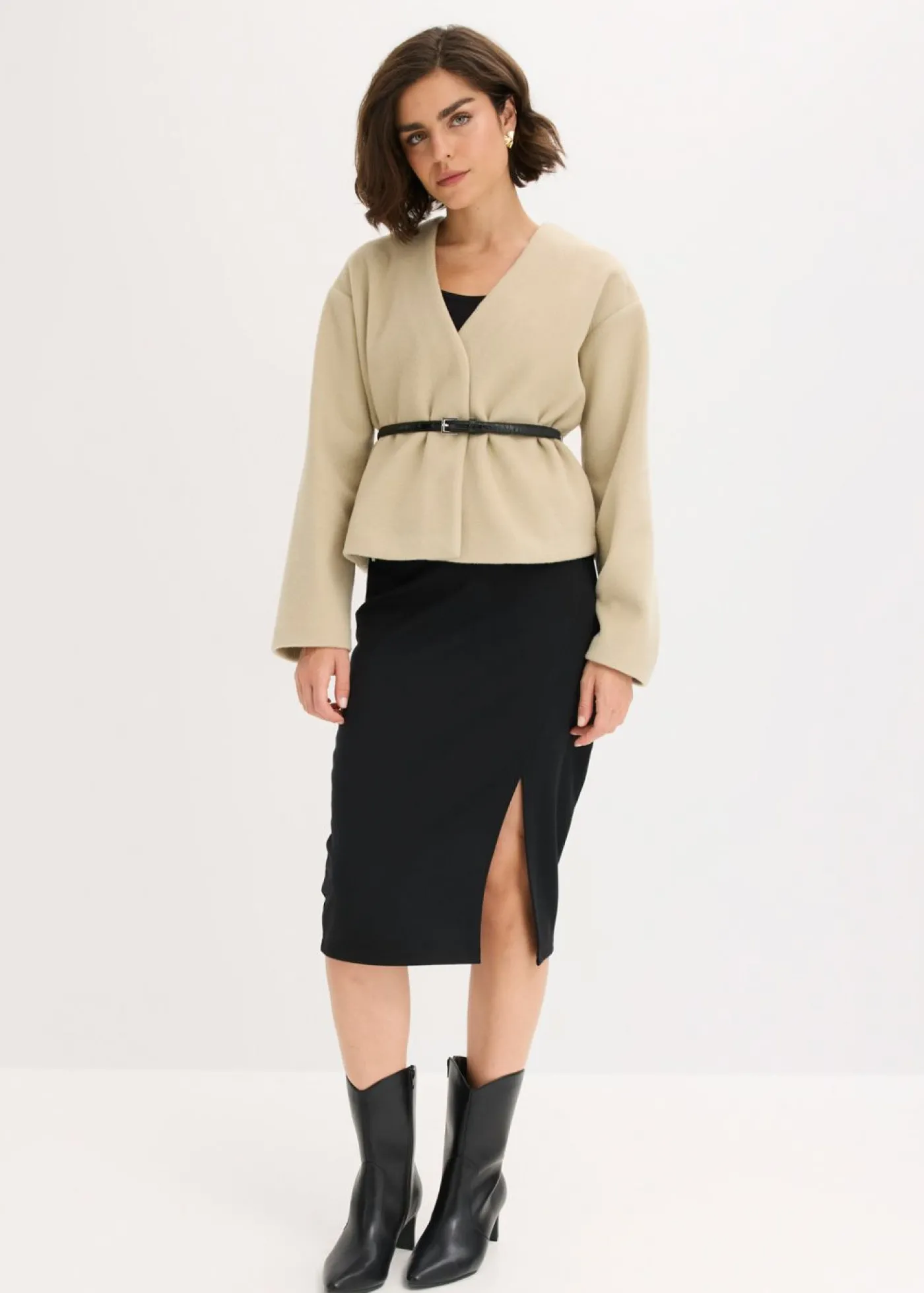 bonprix bonprix Americana oversized con cinturón en efecto lana, sin forro Verde aceite Discount