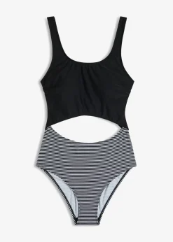 bonprix bonprix Bañador con abertura Negro-blanco con rayas Outlet