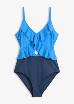 bonprix bonprix Bañador con abertura y volantes Azul acero/azul marino Clearance