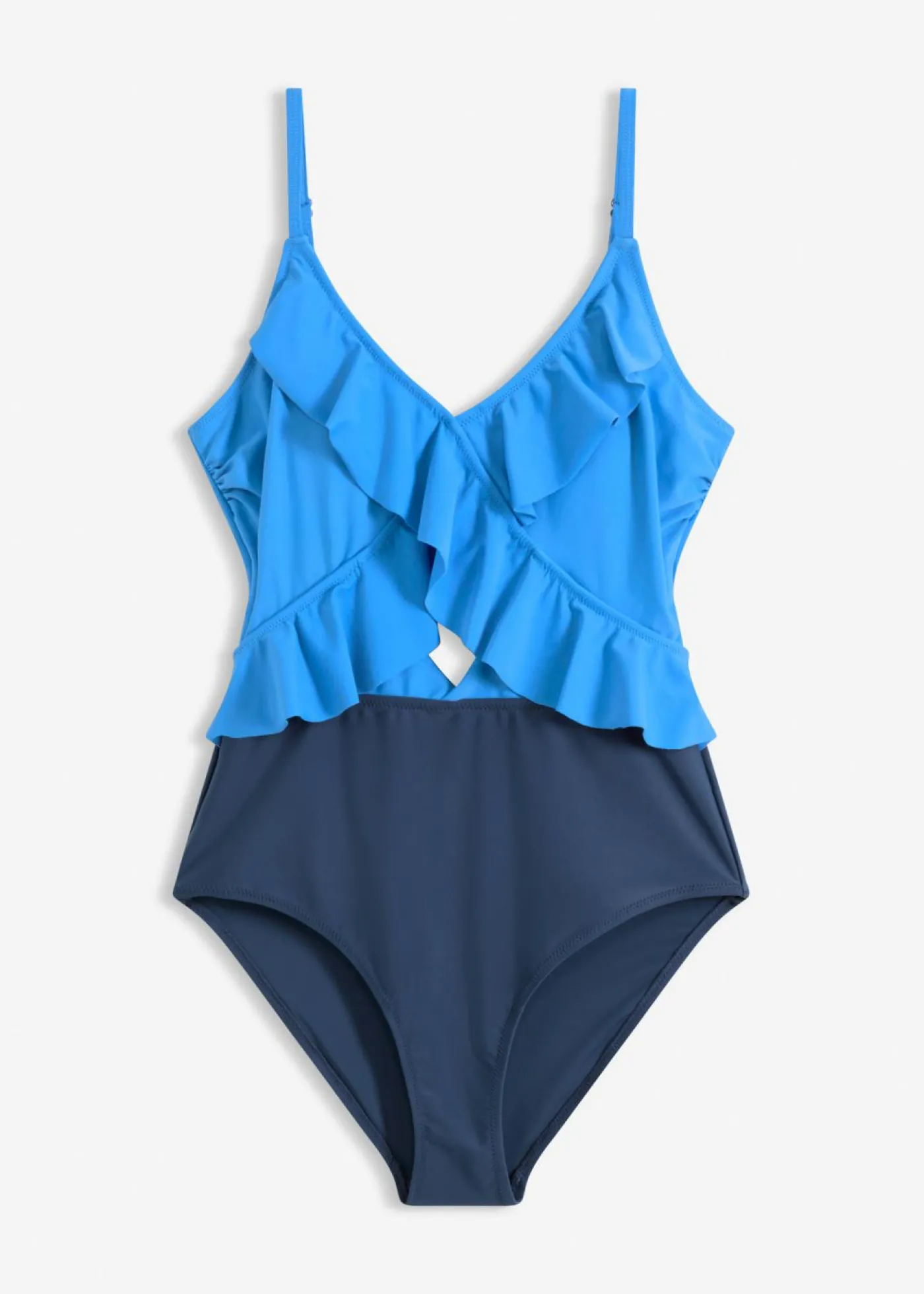 bonprix bonprix Bañador con abertura y volantes Azul acero/azul marino Clearance