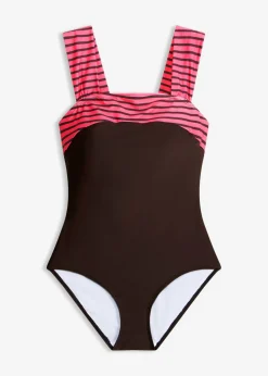 bonprix bonprix Bañador con efecto moldeador medio y tirantes anchos Negro-marrón/baya de rayas New