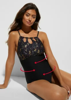 bonprix bonprix Bañador con efecto moldeador medio Negro de flores Clearance