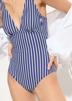 bonprix bonprix Bañador con efecto moldeador medio y escote pronunciado azul oxford-blanco con rayas Hot