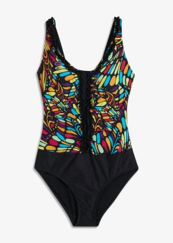bonprix bonprix Bañador con efecto moldeador medio y volantes Negro multicolor Online