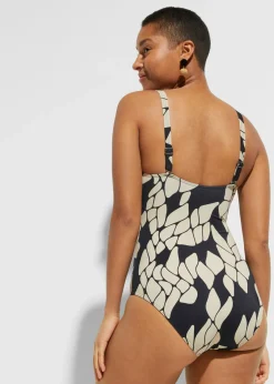 bonprix bonprix Bañador con efecto moldeador medio y escote en V Negro-beige Online