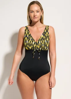 bonprix bonprix Bañador con efecto moldeador medio y tirantes anchos Negro-amarillo New