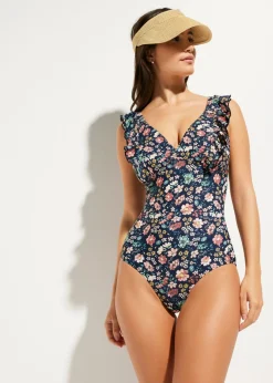bonprix bonprix Bañador con ligero efecto moldeador y volantes Azul marino de flores Sale