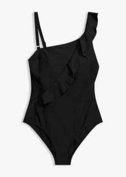 bonprix bonprix Bañador con un hombro al descubierto y tirantes desmontables Negro