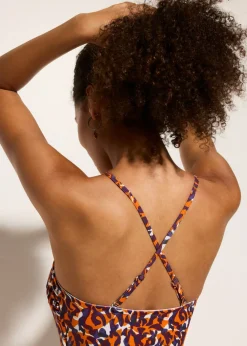 bonprix bonprix Bañador tipo bandeau con tirantes multiusos estampado leo púrpura-marrón claro Clearance