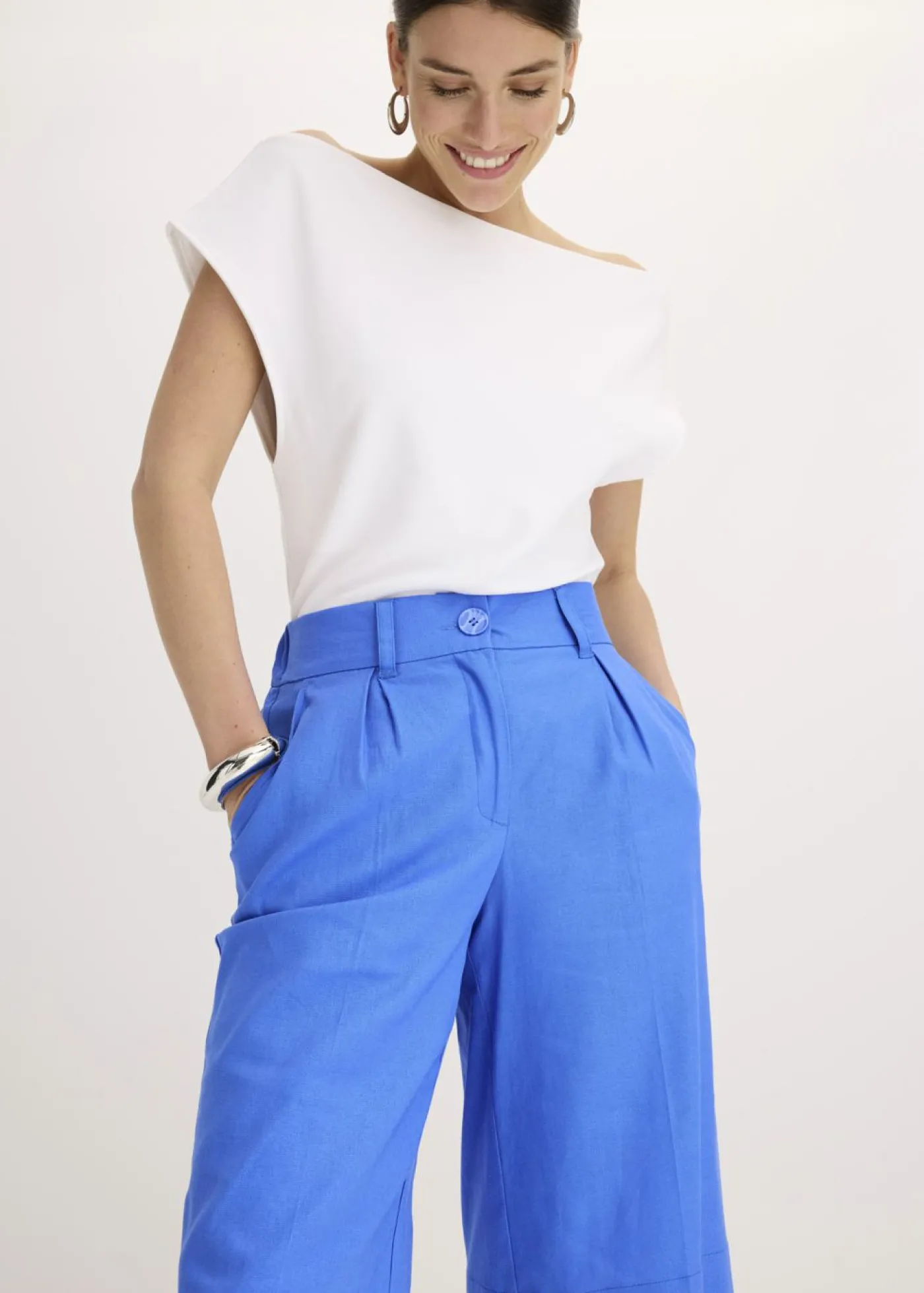 bonprix bonprix Bermudas anchas de mezcla de lino vaporoso azul glaciar Sale