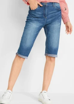 bonprix bonprix Bermudas vaqueras, elásticas, con bajo enrollado Vaquero azul New