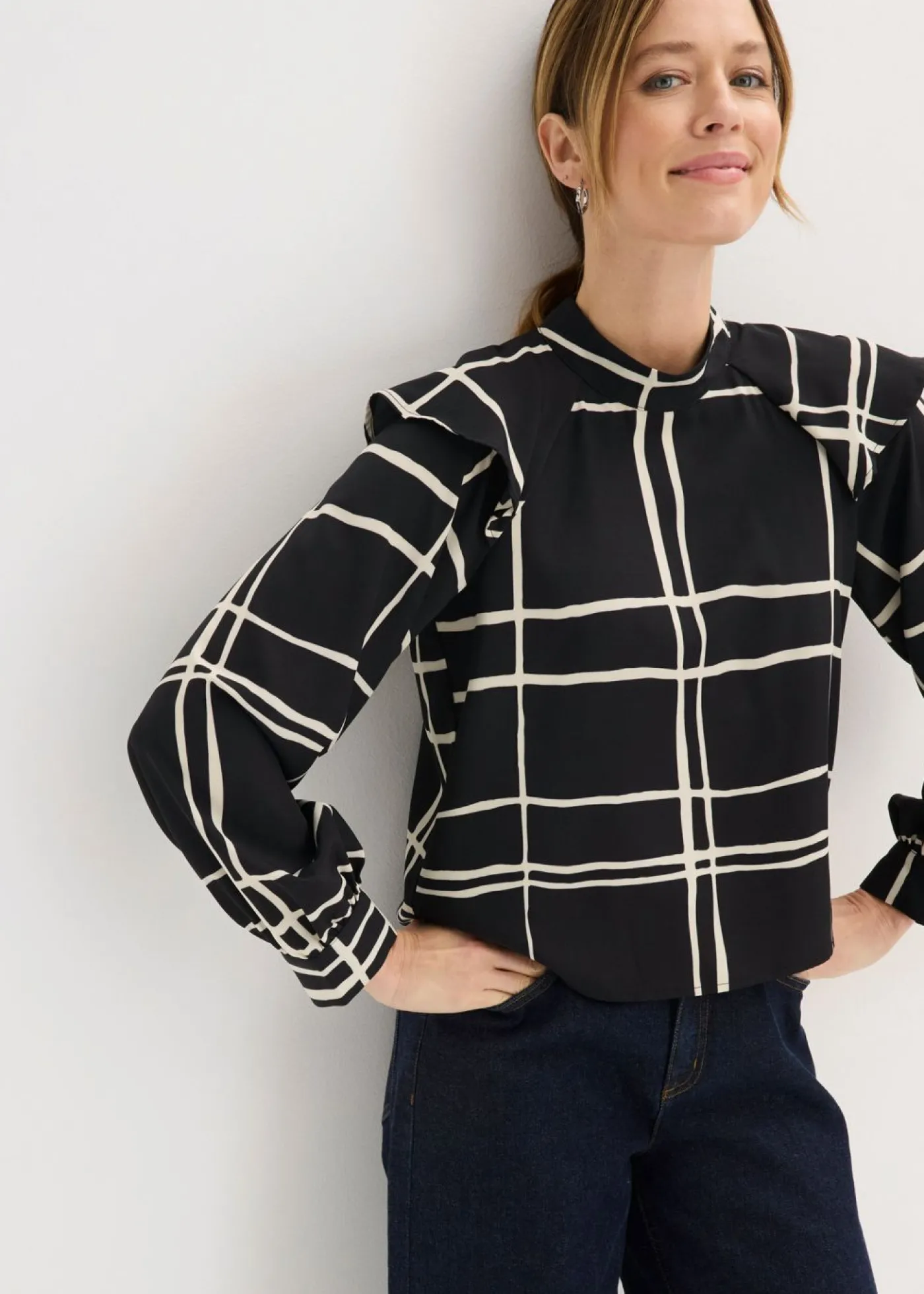 bonprix bonprix Blusa negro-crema a cuadros Clearance