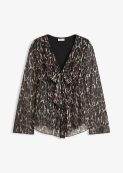 bonprix bonprix Blusa ajustada de malla Negro-marrón de leopardo Sale