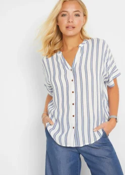 bonprix bonprix Blusa arrugada de viscosa fluida Azul de rayas Discount