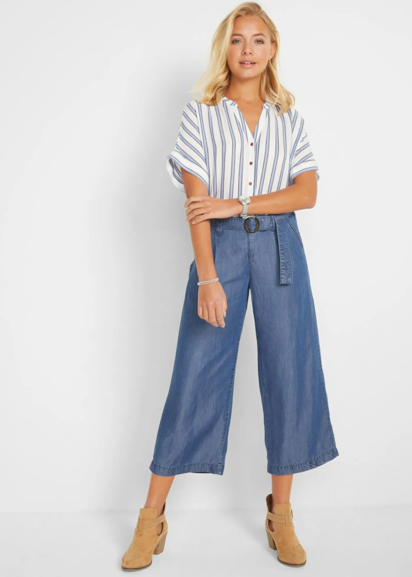 bonprix bonprix Blusa arrugada de viscosa fluida Azul de rayas Discount