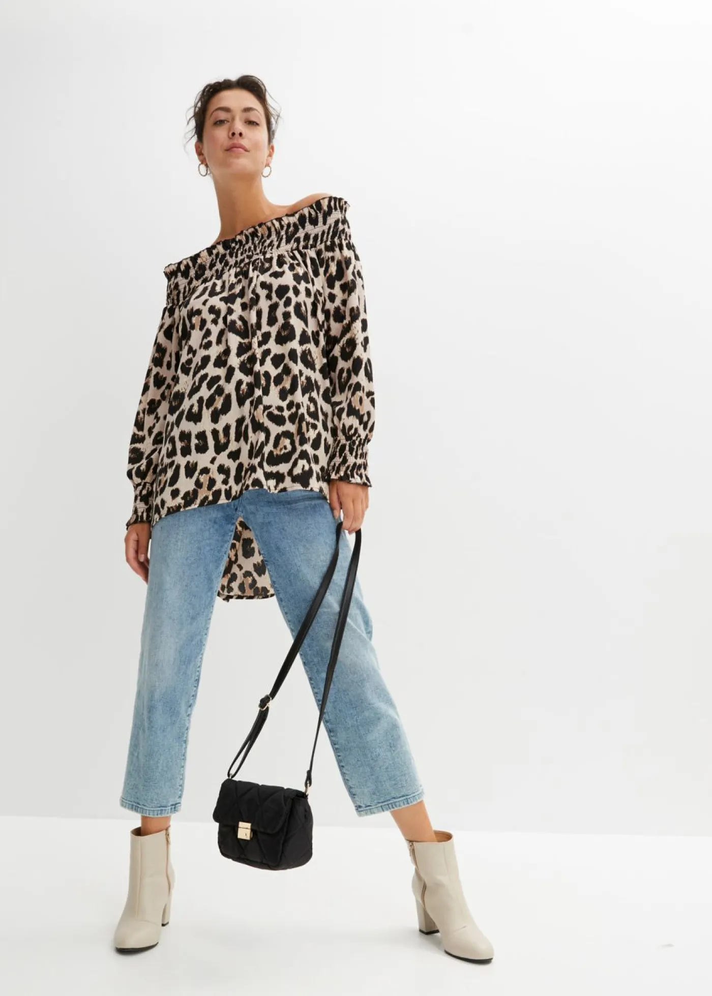 bonprix bonprix Blusa asimétrica Beige tiza-marrón con estampado de leopardo New