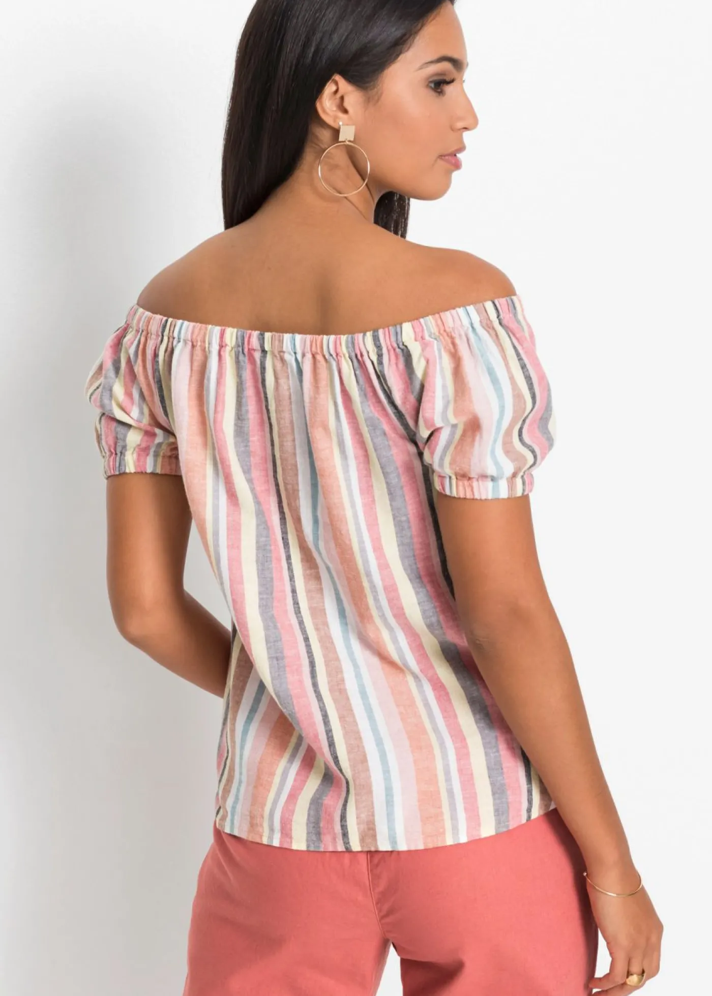 bonprix bonprix Blusa con escote bañera Rojo-beige de rayas Sale