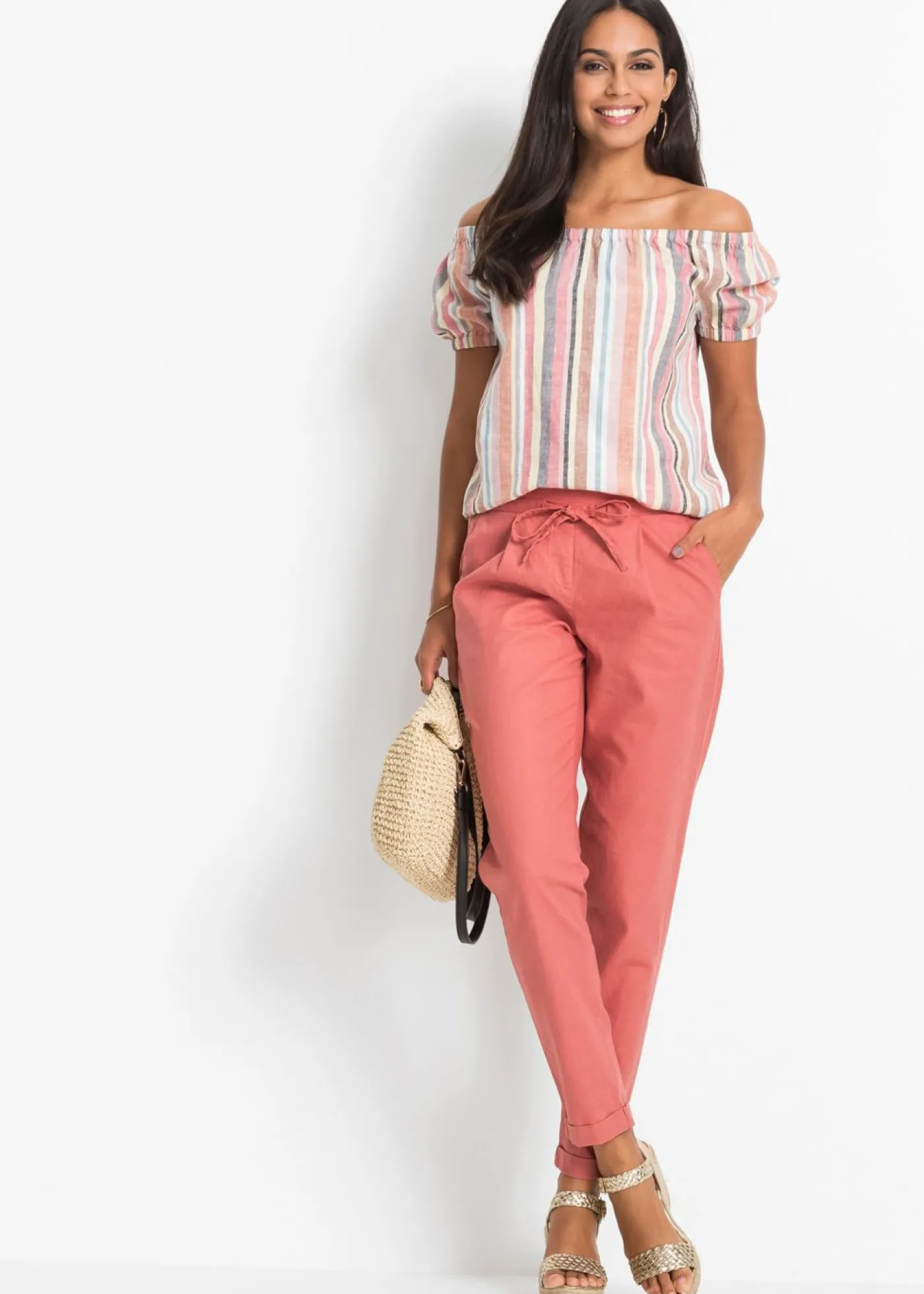 bonprix bonprix Blusa con escote bañera Rojo-beige de rayas Sale